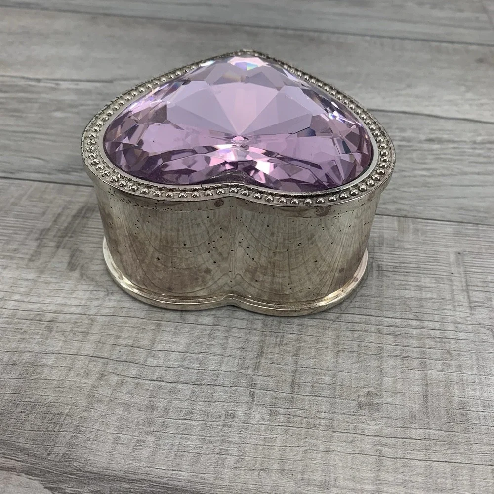 Vintage Round Pink Heart Faceted Glass Silver Tone Jewelry/Trinket Box - Picture 6 of 8